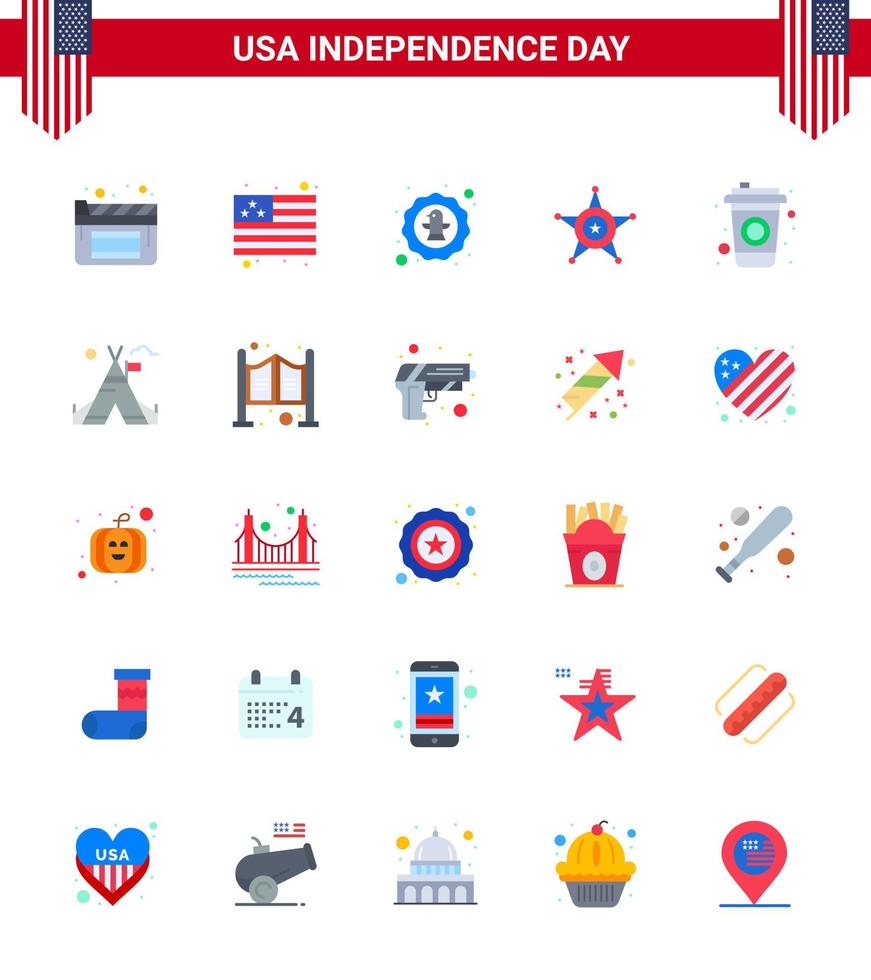Group of 25 Flats Set for Independence day of United States of America such as drink bottle celebration usa police Editable USA Day Vector Design Elements