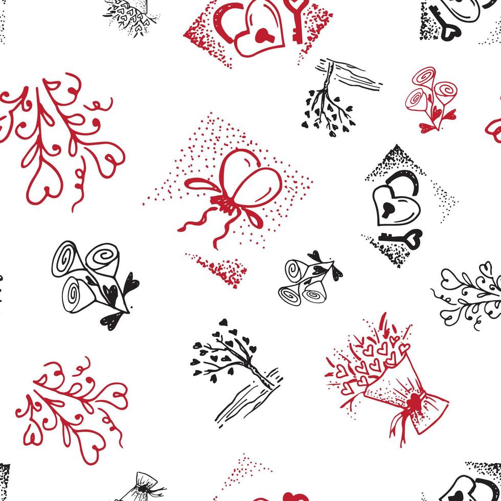 Retro hand-drawn sketches seamless background with love symbols for valentines and wedding day vector