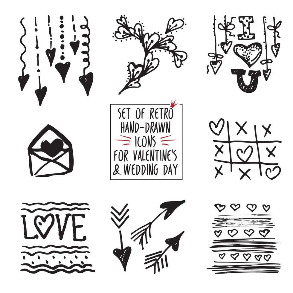 Set of retro hand-drawn icon for valentines and wedding day vector