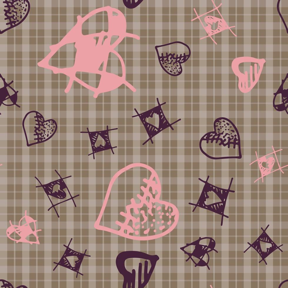 Retro hand-drawn sketches seamless background with hearts for valentines and wedding day vector