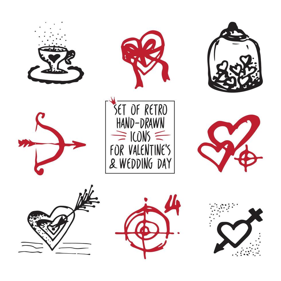 Set of retro hand-drawn icon for valentines and wedding day vector