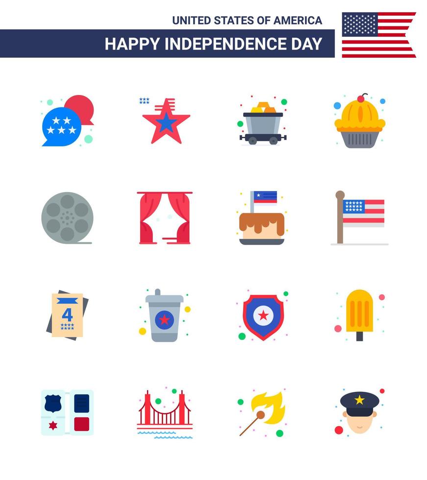 Modern Set of 16 Flats and symbols on USA Independence Day such as video movis cart cake muffin Editable USA Day Vector Design Elements