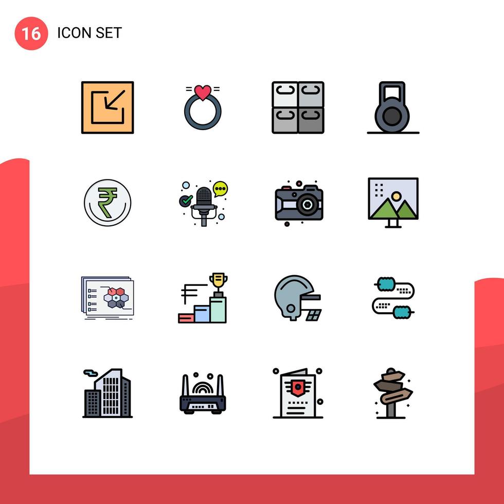 Pack of 16 Modern Flat Color Filled Lines Signs and Symbols for Web Print Media such as trade inr seafood indian currency Editable Creative Vector Design Elements