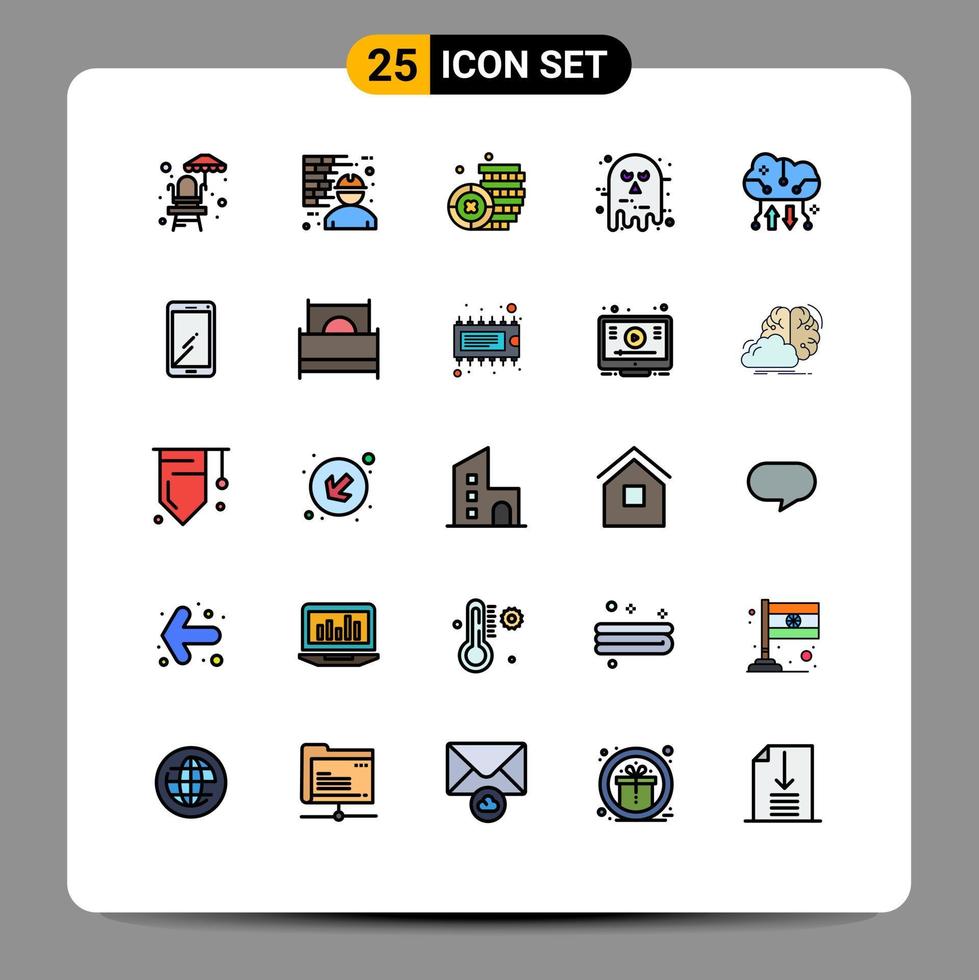 Pack of 25 creative Filled line Flat Colors of cloud computing scary coin halloween face Editable Vector Design Elements