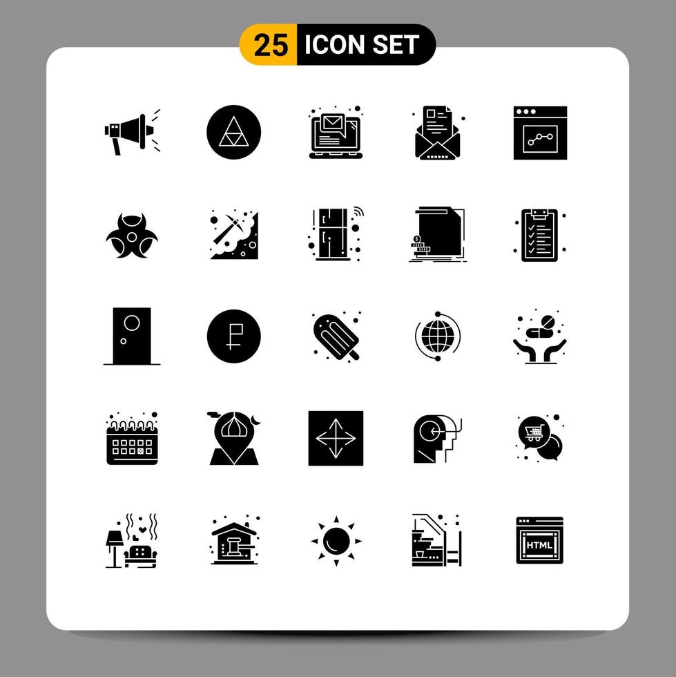 Set of 25 Commercial Solid Glyphs pack for resume newsletter computer e email Editable Vector Design Elements