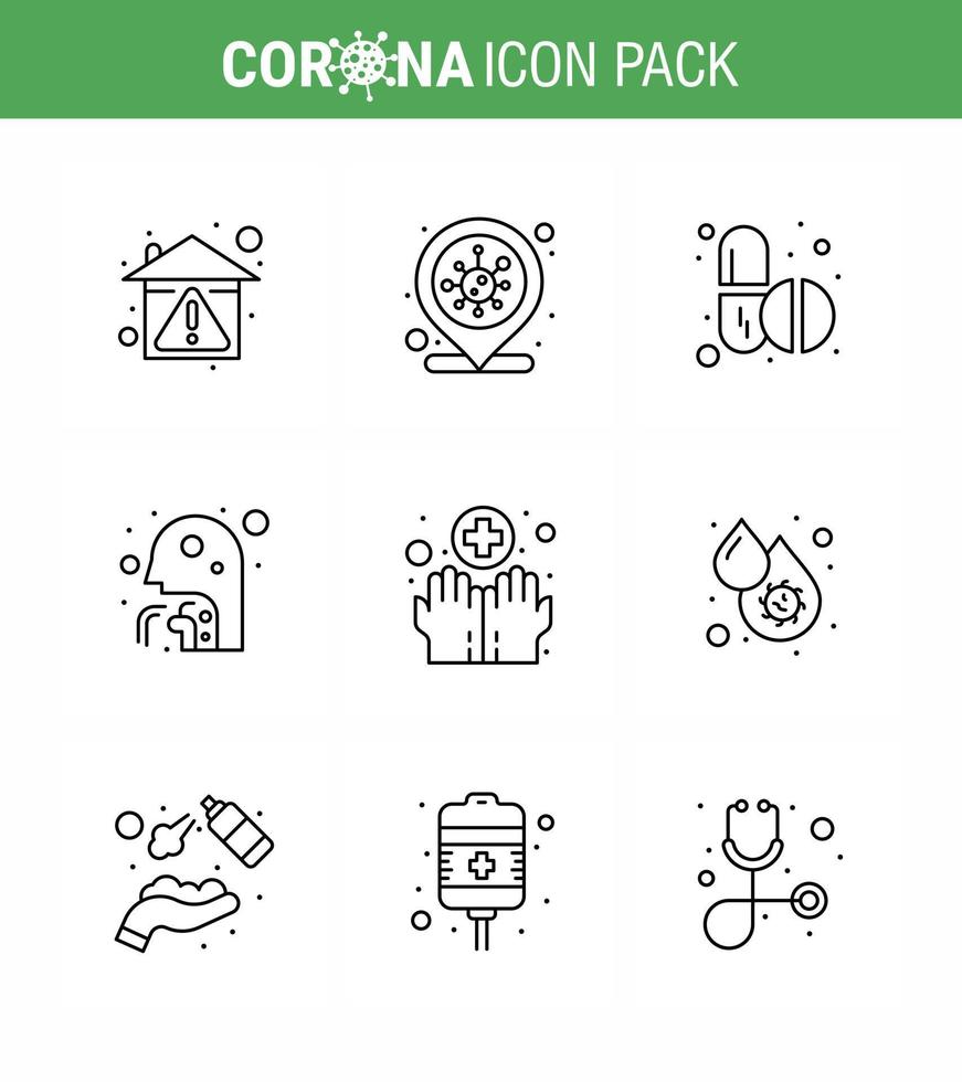 Coronavirus Prevention Set Icons 9 Line icon such as throat man infection place healthcare capsule viral coronavirus 2019nov disease Vector Design Elements