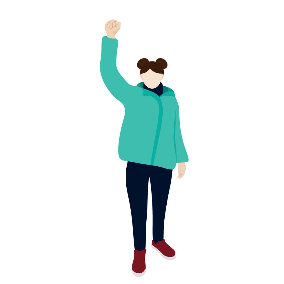 A girl in a green jacket stands with her hand raised, flat vector, isolate on white, protest, faceless illustration vector