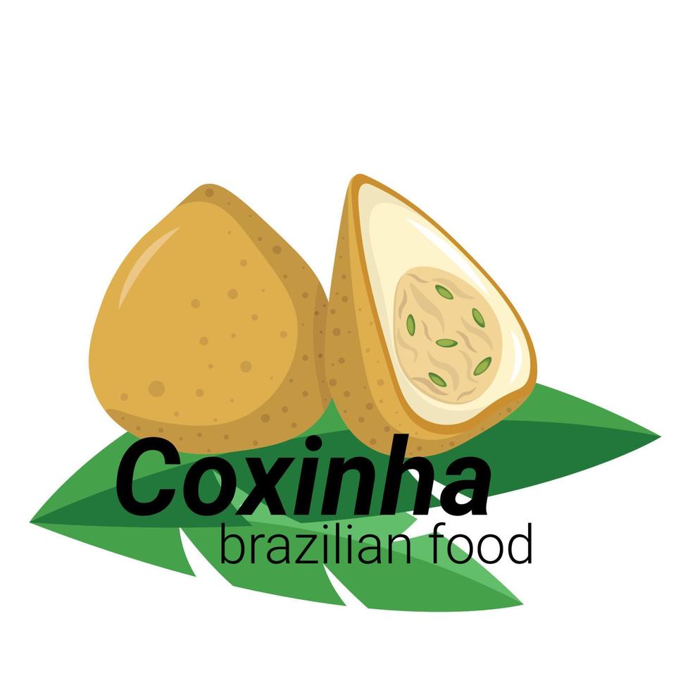 plato de cocina brasileña en hojas de palma, comida brasileña, vector plano, aislado en blanco, coxinha