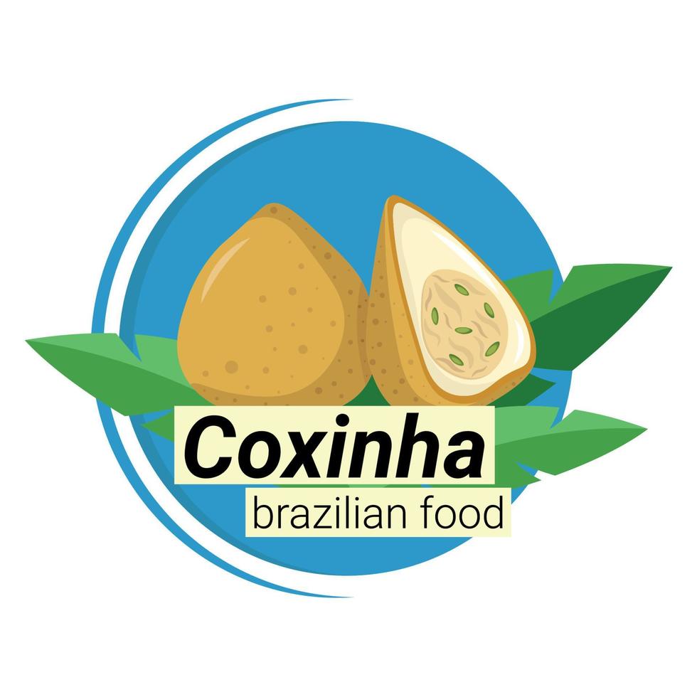 plato de cocina brasileña en hojas de palma y fondo azul, comida brasileña, vector plano, aislado en blanco, coxinha