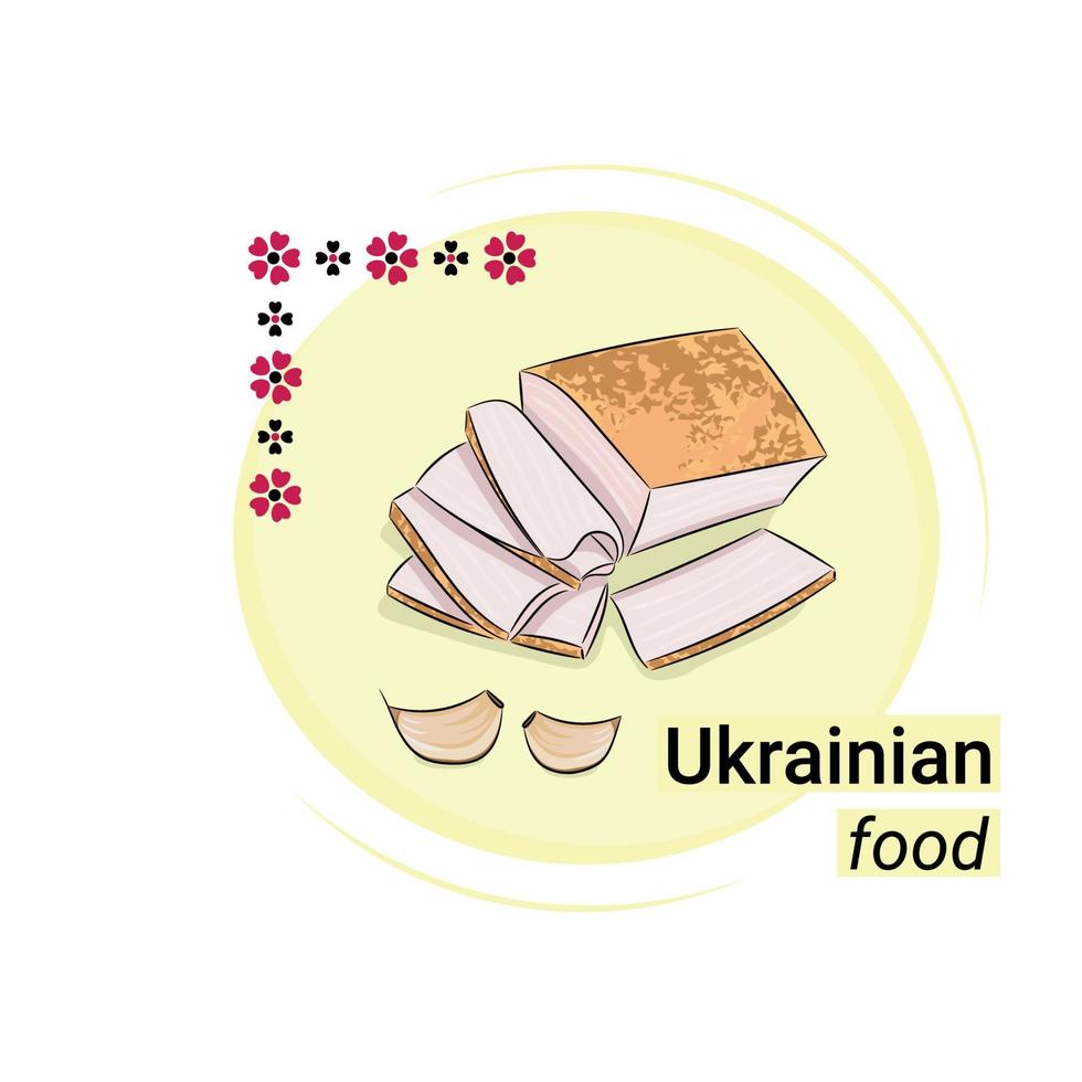 plato de cocina nacional ucraniana, salo, ajo, elemento bordado, vector plano, aislado en blanco, inscripción comida ucraniana
