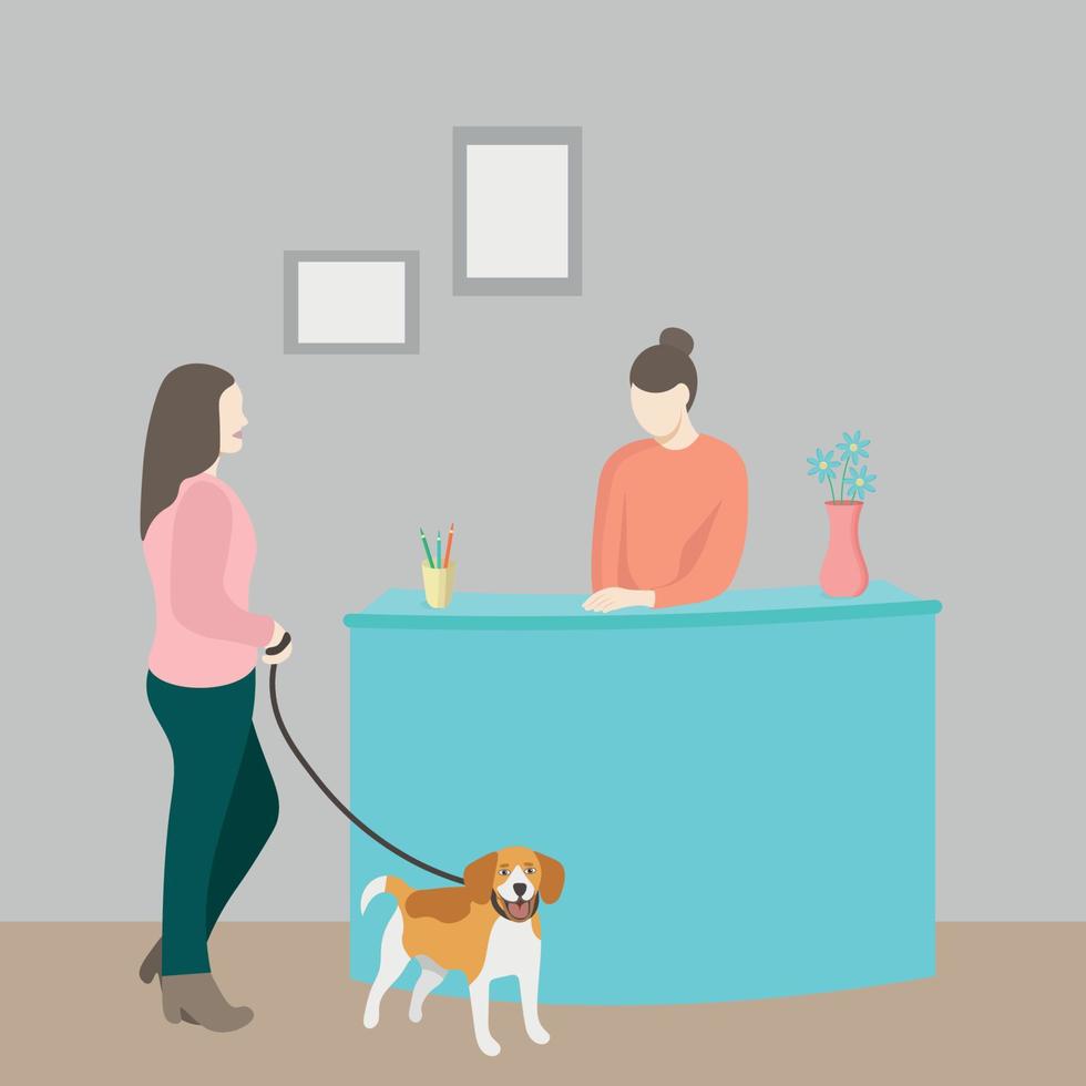 A girl with a dog stands near the reception desk, a flat vector on a gray background, a faceless illustration