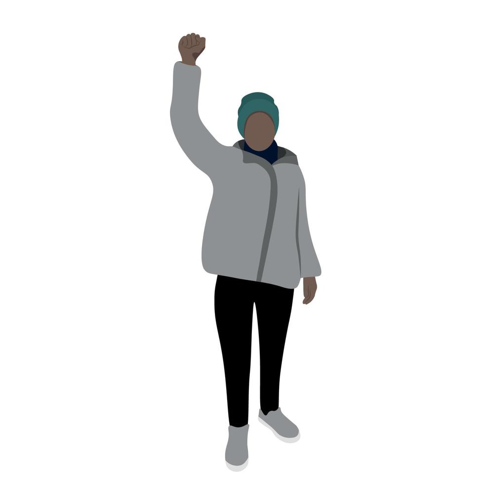 A black girl in a gray jacket and a winter hat stands with one hand raised up, flat vector, isolate on white, protest, faceless illustration vector