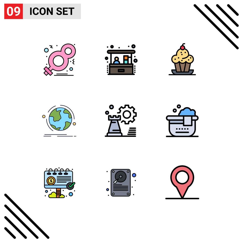 9 Thematic Vector Filledline Flat Colors and Editable Symbols of connection world small business globe sweet Editable Vector Design Elements