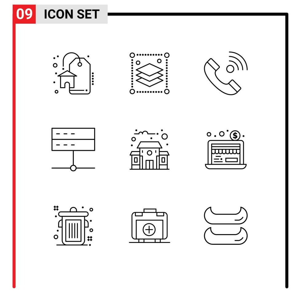 9 Universal Outline Signs Symbols of building server contact devices admin Editable Vector Design Elements