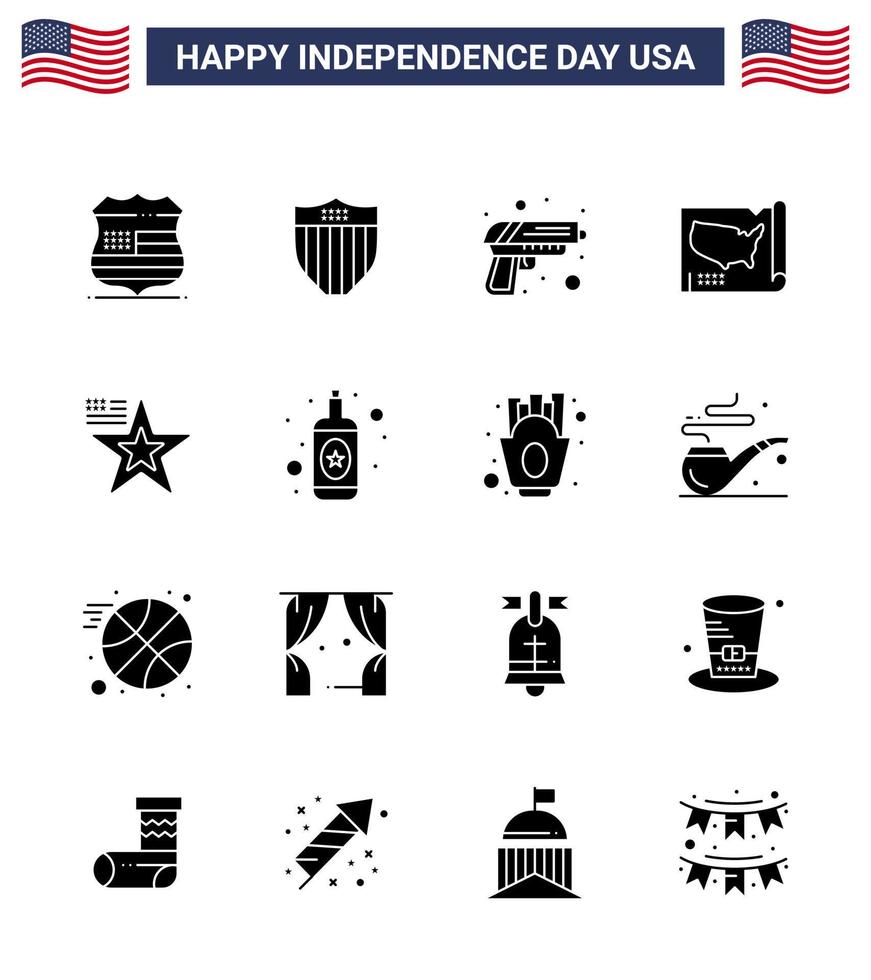 conjunto de 16 iconos del día de los ee.uu. símbolos americanos signos del día de la independencia para el arma de los ee.uu. vector