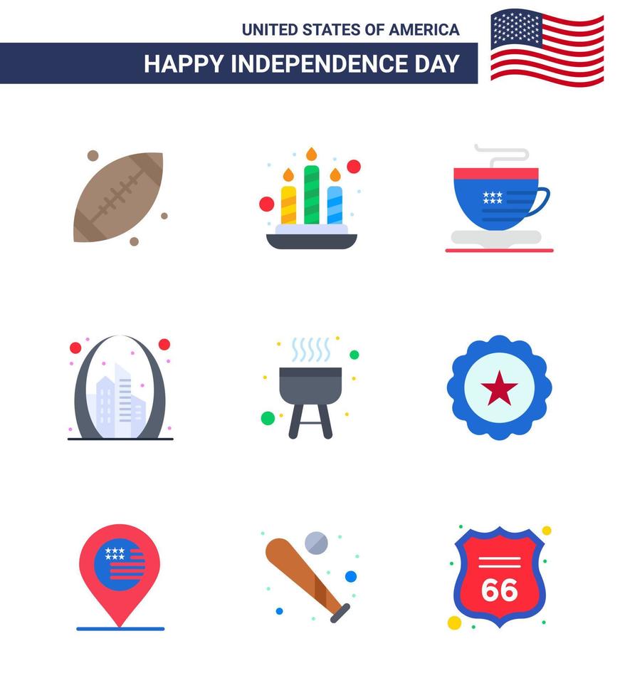 Pack of 9 creative USA Independence Day related Flats of cook barbecue cup usa gate Editable USA Day Vector Design Elements