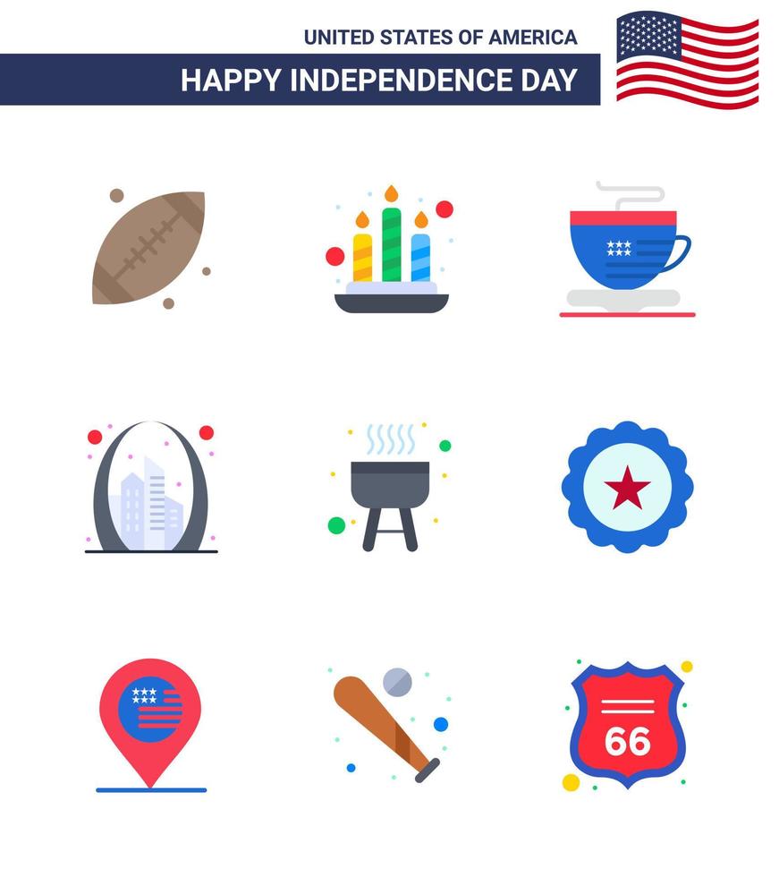 paquete de 9 pisos creativos relacionados con el día de la independencia de EE. UU. De cook barbacoa cup usa gate elementos de diseño vectorial editables del día de EE. vector