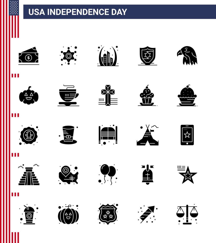 paquete de 25 signos de glifo sólido de celebración del día de la independencia de EE. UU. Y símbolos del 4 de julio, como protección de arco de escudo de pájaro, elementos de diseño de vector de día de EE. UU. editables de EE. UU.