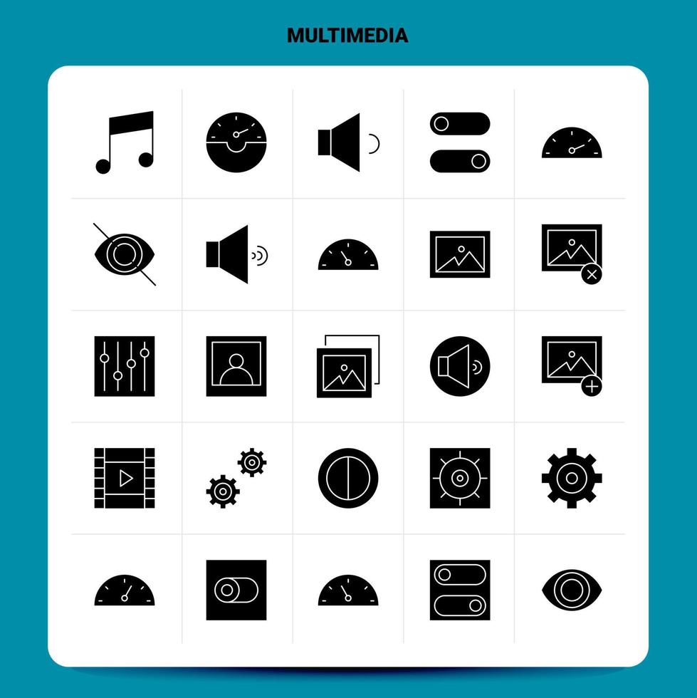 Solid 25 Multimedia Icon set. Vector Glyph Style Design Black Icons Set. Web and Mobile Business ideas design Vector Illustration.