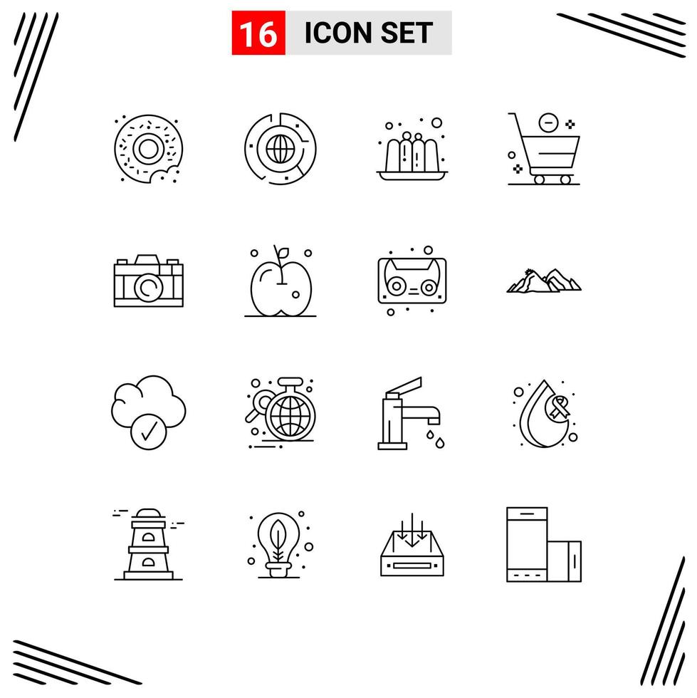 Mobile Interface Outline Set of 16 Pictograms of photo camera cake minus commerce Editable Vector Design Elements