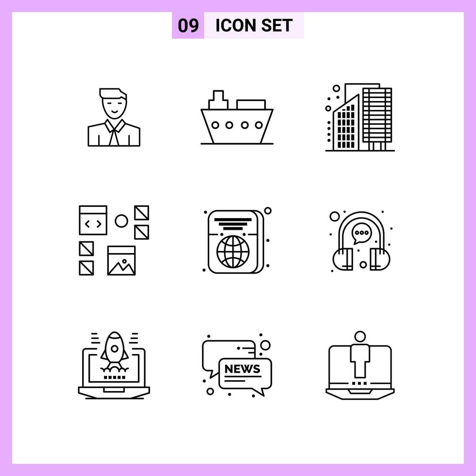 9 Icons in Line Style Outline Symbols on White Background Creative Vector Signs for Web mobile and Print Creative Black Icon vector background