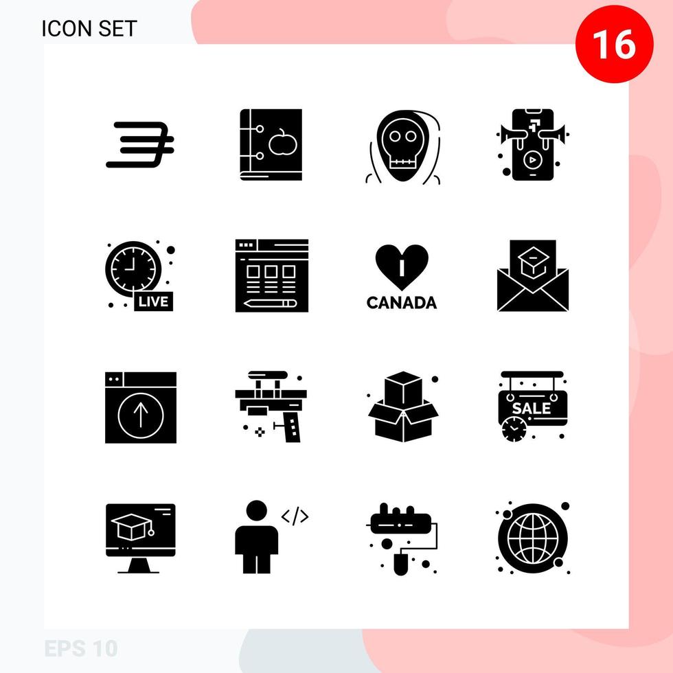 Vector Pack of 16 Icons in Solid Style Creative Glyph Pack isolated on White Background for Web and Mobile