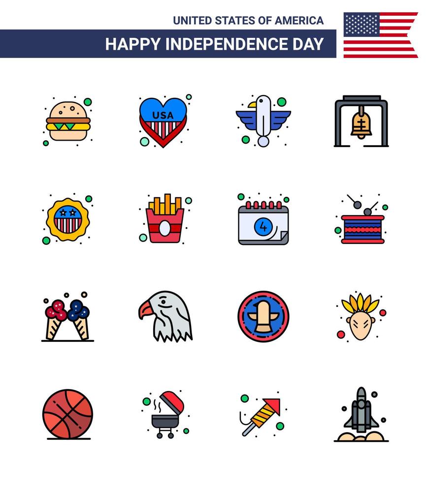 feliz día de la independencia 16 líneas llenas planas paquete de iconos para web e impresión seguridad iglesia campana animal campana de navidad alerta elementos de diseño vectorial del día de estados unidos editables vector