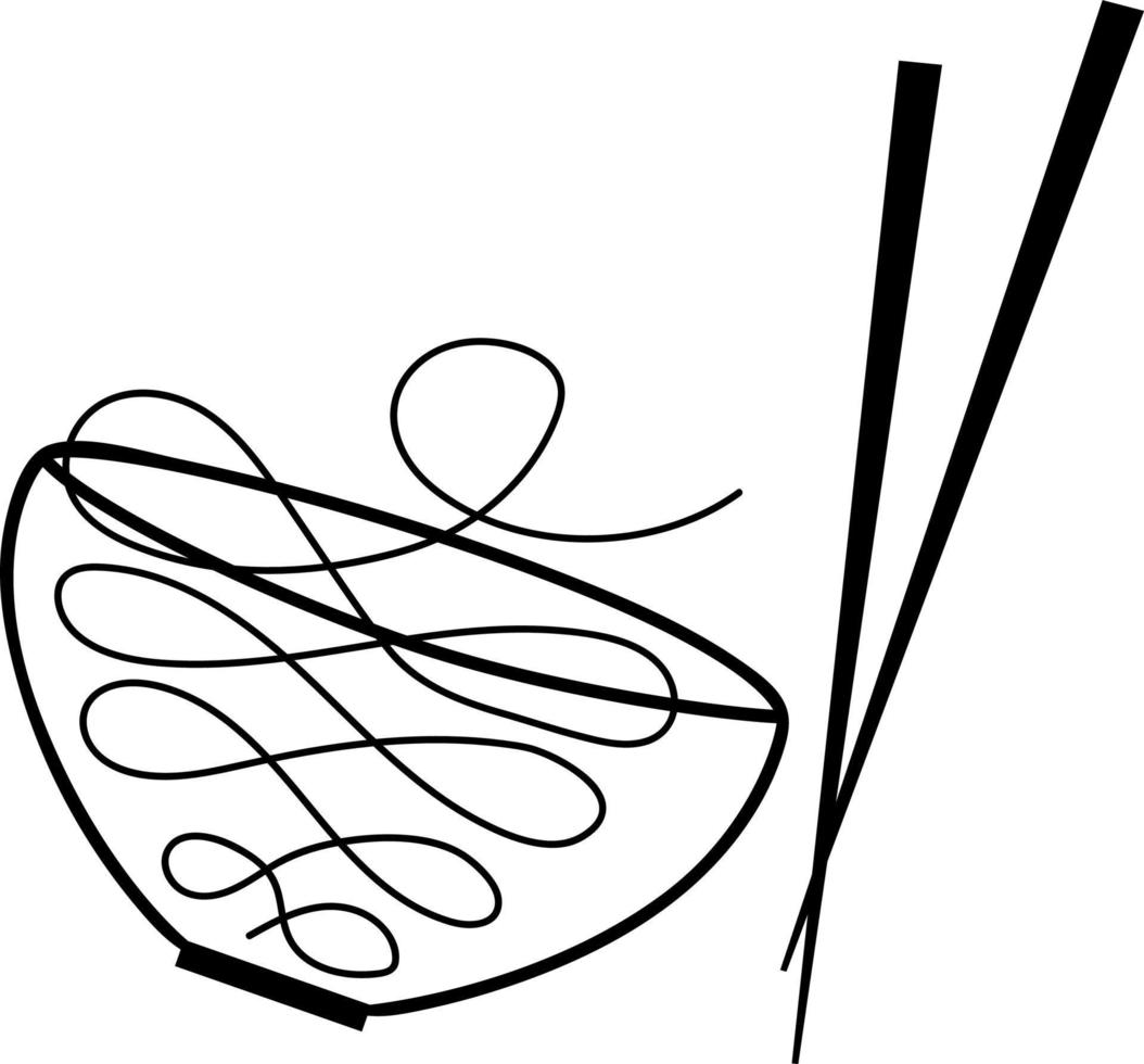 Asian noodles line art, one line drawing of a bowl with noodles and chopsticks vector