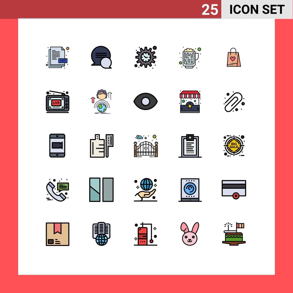 Mobile Interface Filled line Flat Color Set of 25 Pictograms of bag love settings shopping drink Editable Vector Design Elements