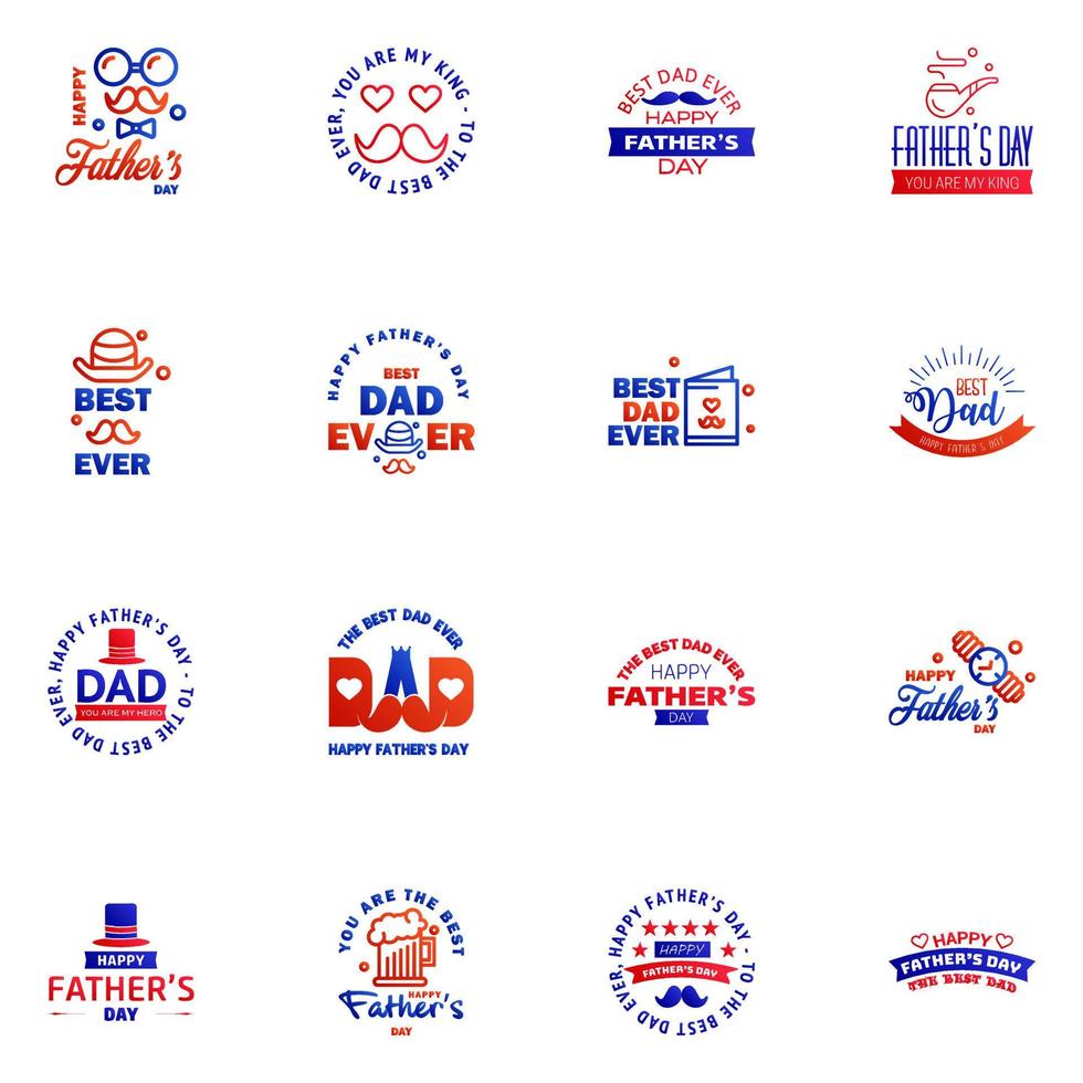 Happy Fathers day greeting hand lettering badges 16 Blue and red Typo isolated on white Typography design template for poster banner gift card t shirt print label sticker Retro vintage style V vector