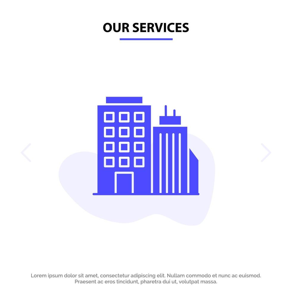 nuestros servicios edificio torre de oficinas oficina central icono de glifo sólido plantilla de tarjeta web vector