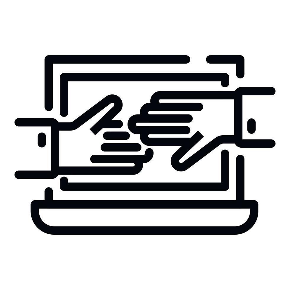 Laptop and hands icon, outline style vector