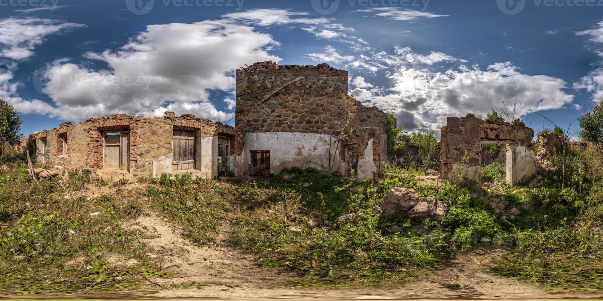 360 hdri panorama inside abandoned ruined bushy concrete decaying old building without roof in full seamless spherical hdri panorama in equirectangular projection, AR VR virtual reality content photo