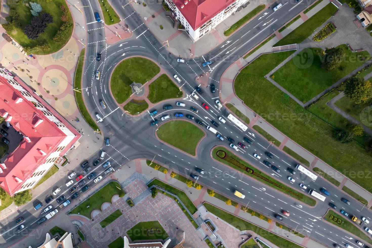 aerial view of road interchange or highway intersection. Junction network of transportation taken by drone. photo