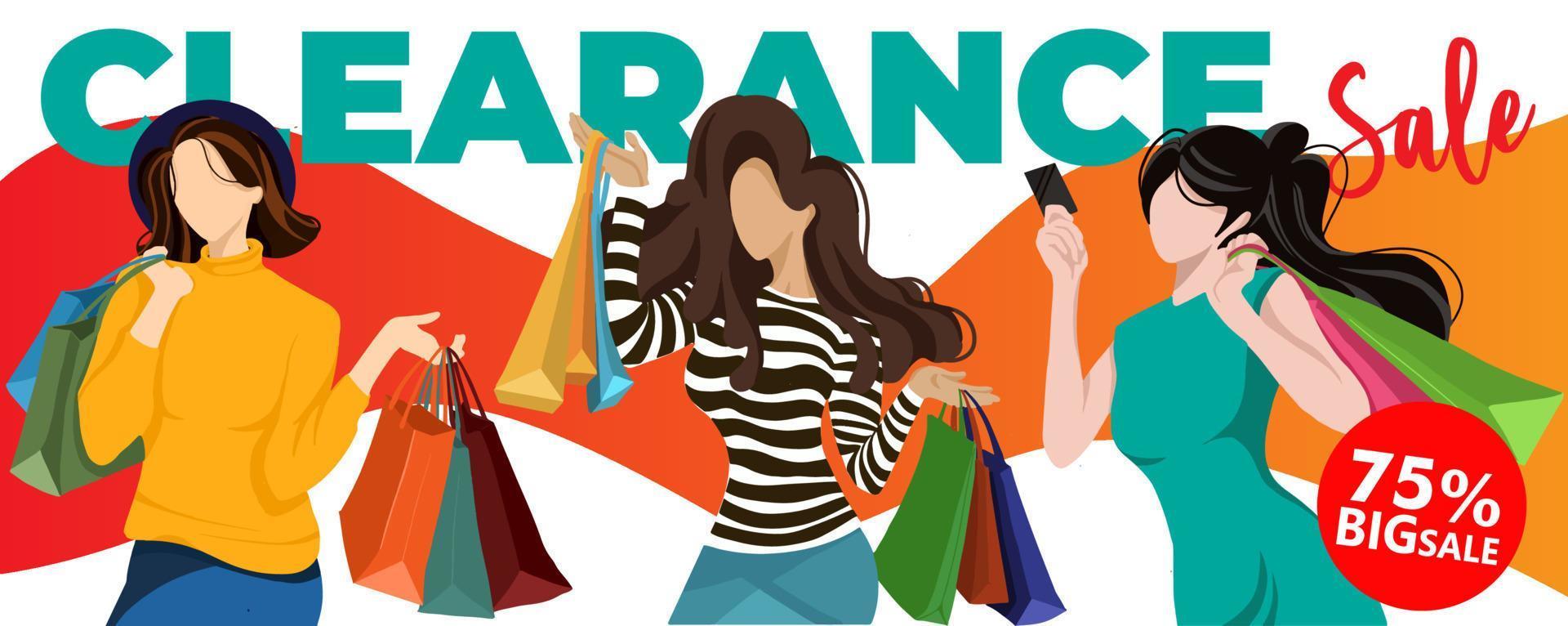 promoción de ilustración plana y plantilla de banner de venta de liquidación con vector de compras de mujer