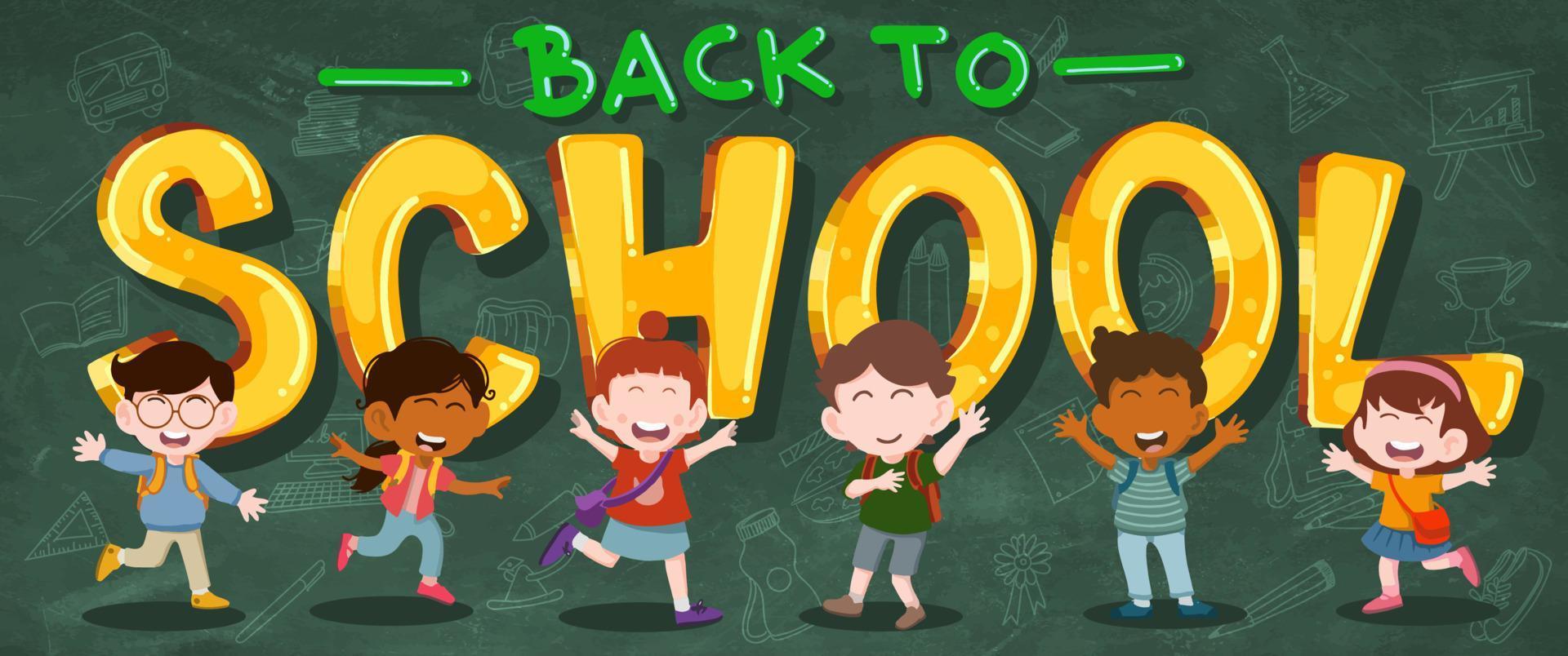 Back to School Flat illustration banner with kids character and school doodle icon background vector