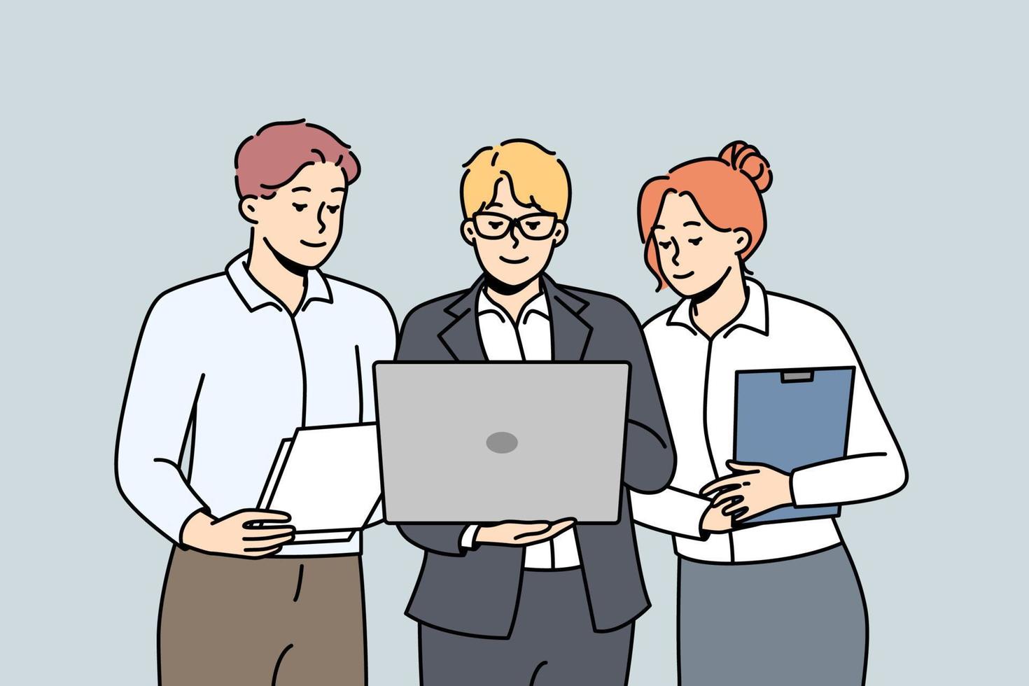 Man in glasses demonstrates business presentation on laptop to colleagues. Businessmen, businesswoman stand together, look to computer screen at office work. Meeting. Vector linear colored clipart.