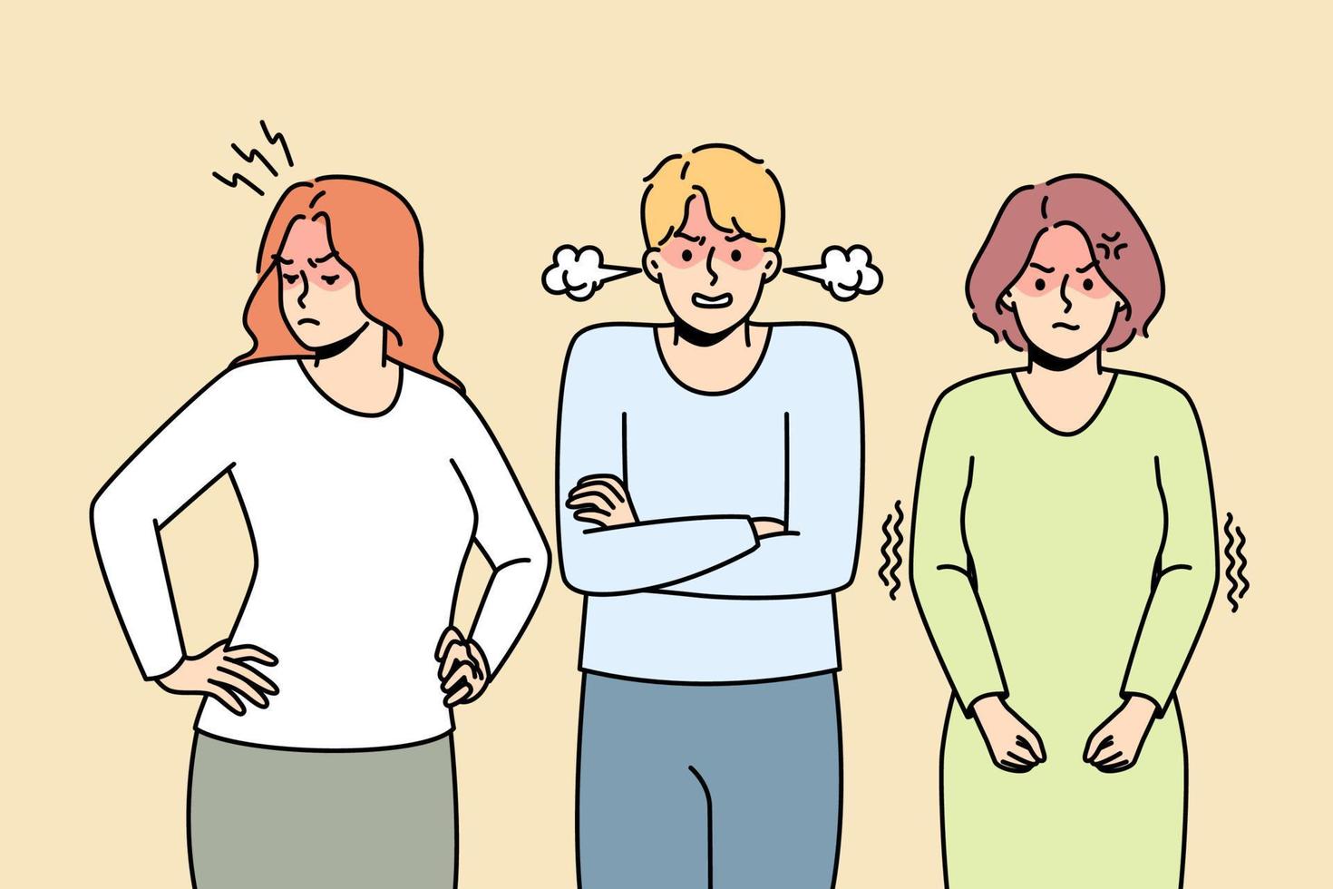 Girls, guy can not agree, come to decision that suits everyone. Man, women are angry to each other. Colleagues are annoyed. Failed negotiations. Vector thin line colored illustration.