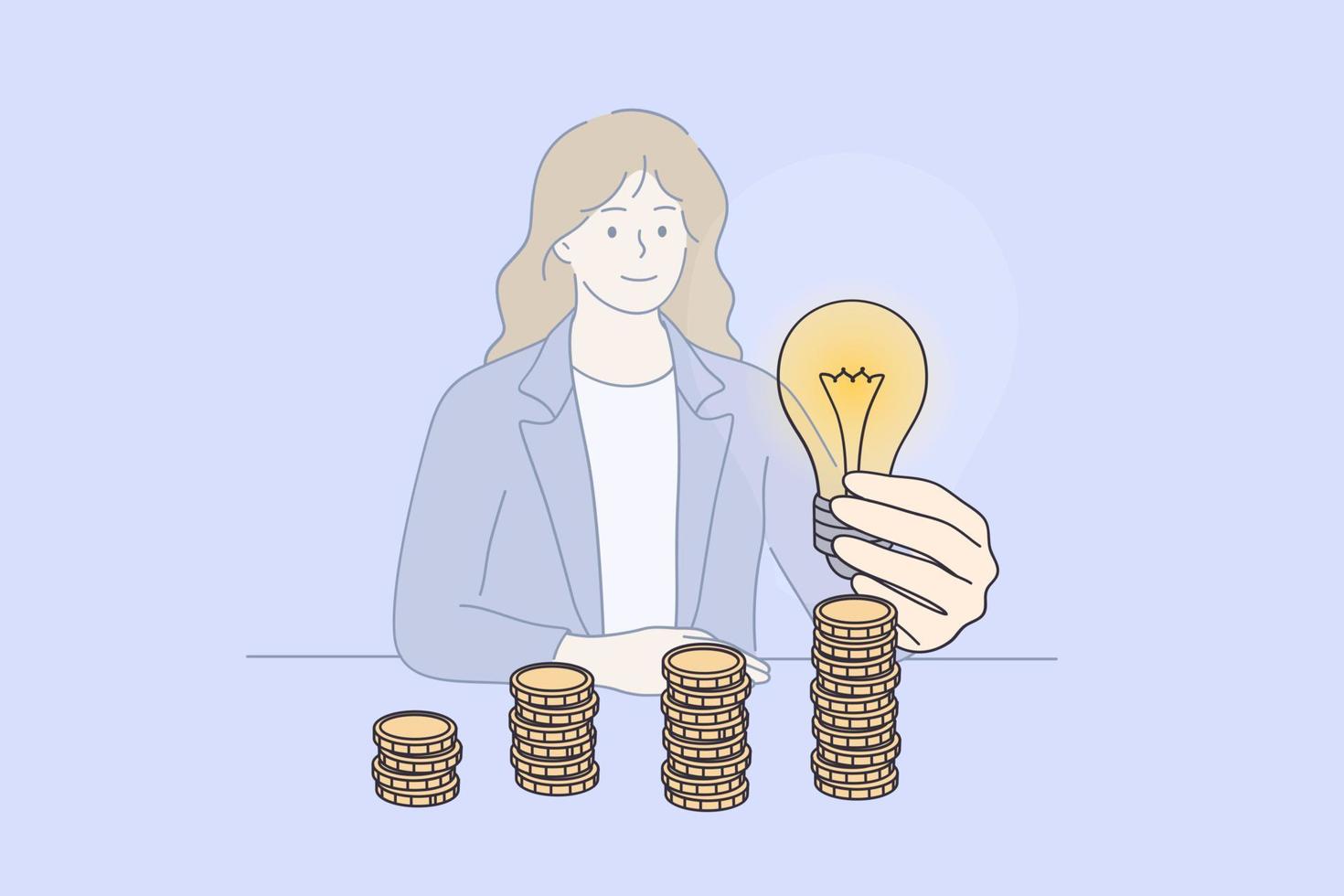 Saving energy and money concept. Young smiling Businesswoman cartoon character sitting at desk holding and putting lightbulb on coins stack on table for saving energy and money vector illustration