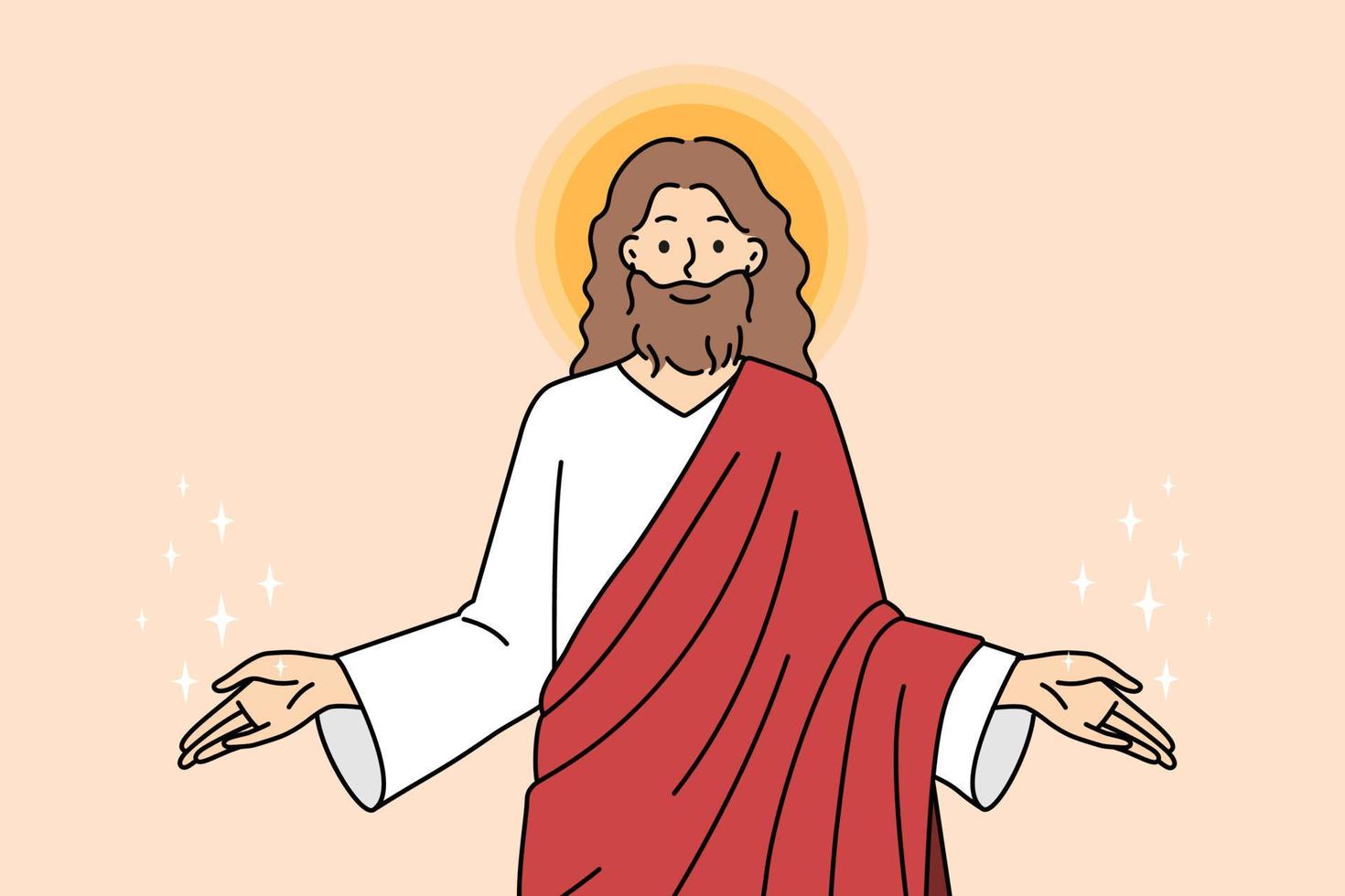 Jesus Christ stretch hands welcome believers. God send share love and protection to people. Religion and faith. Vector illustration.