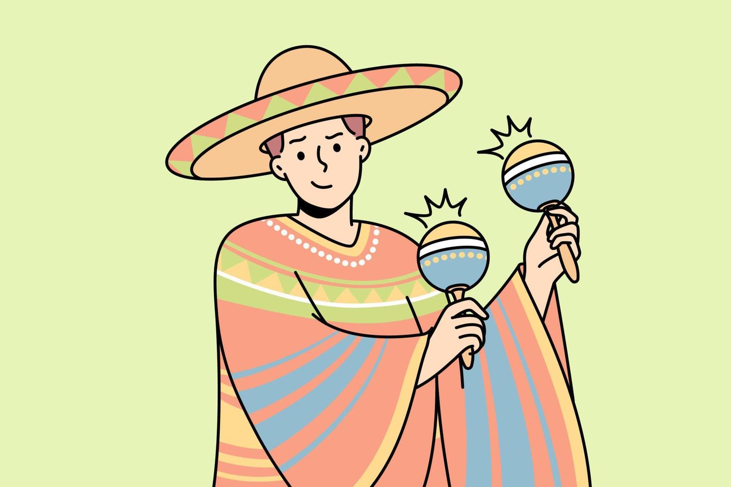 Latino man in national costume, sombrero plays maracas. Guy in traditional mexican outfit, wide-brimmed hat, holds chac-chac, shakers or cuban rattles. Vector thin line colored illustration.
