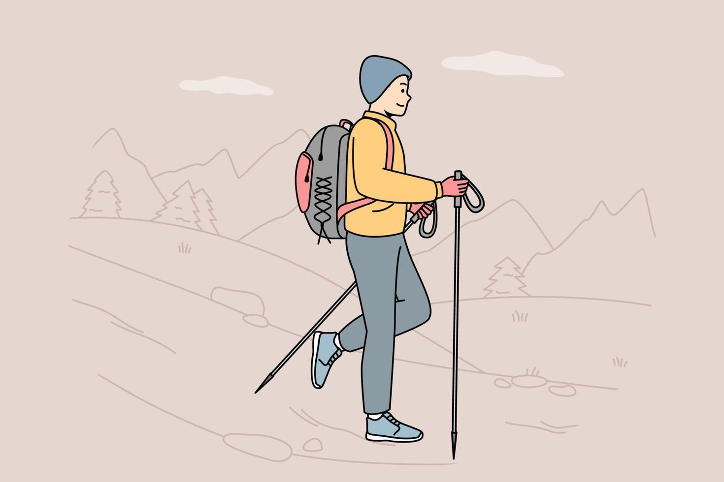 tipo con mochila, bastones para marcha nórdica yendo a la naturaleza. hombre dedicado a acampar, hacer turismo, viajar. viaje de mochilero. estilo de vida activo y saludable. ilustración colorida de la línea de contorno vectorial. vector