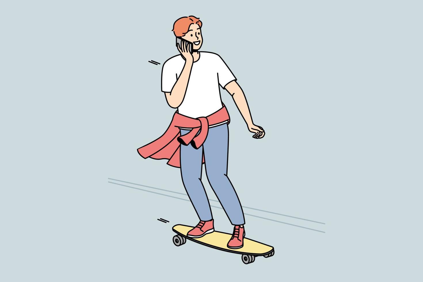 Guy is rolling on skateboard down street and talking on cellphone at same time. Boy practices skateboarding outdoor. Teenager moves on road on longboard, chats on smartphone. Vector graphics in color.