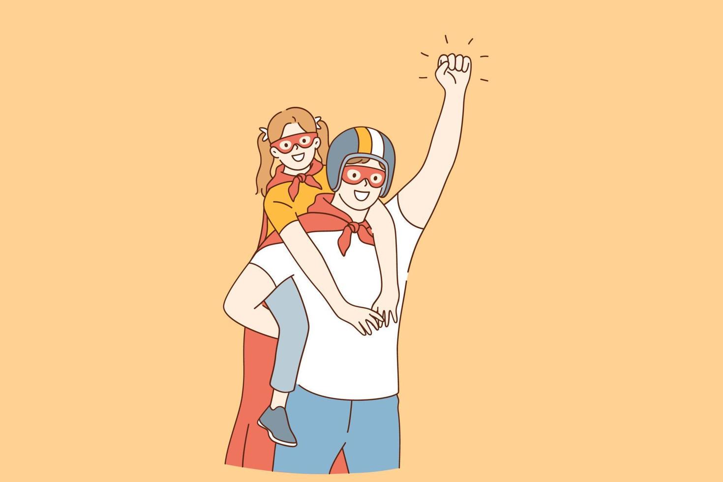 Happy childhood and parenthood, father and daughter concept. Smiling happy daughter girl and father in masks and coats pretending to be superheroes at home during playing game together illustration vector