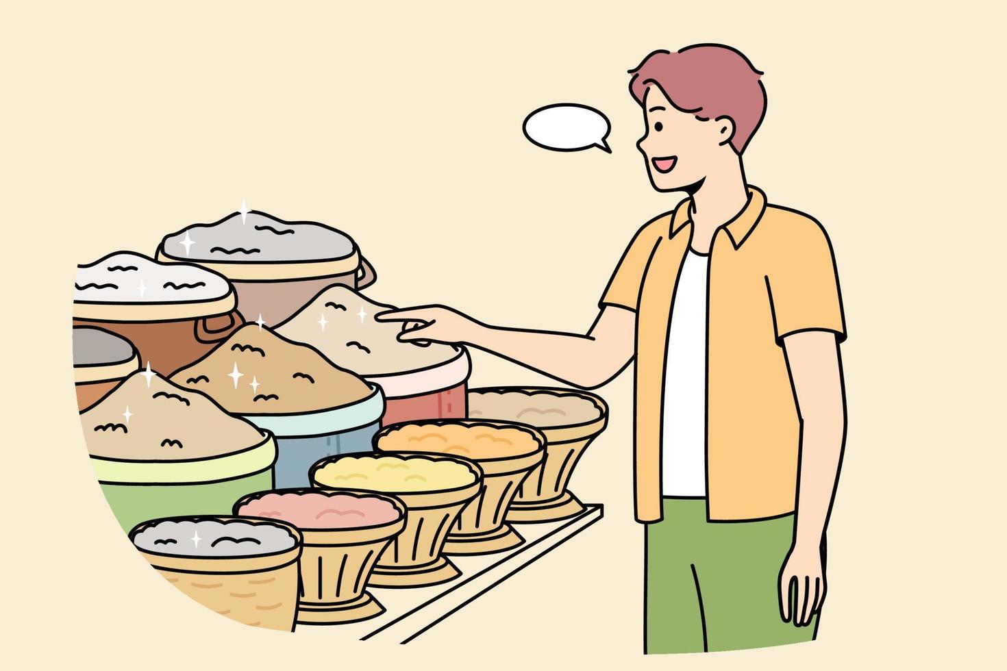 Man at grocery market asks price of condiments. Male buyer chooses ingredients for lunch. Guy wants to buy grits, cereals for home cooking. Food shopping. Vector linear colored illustration.