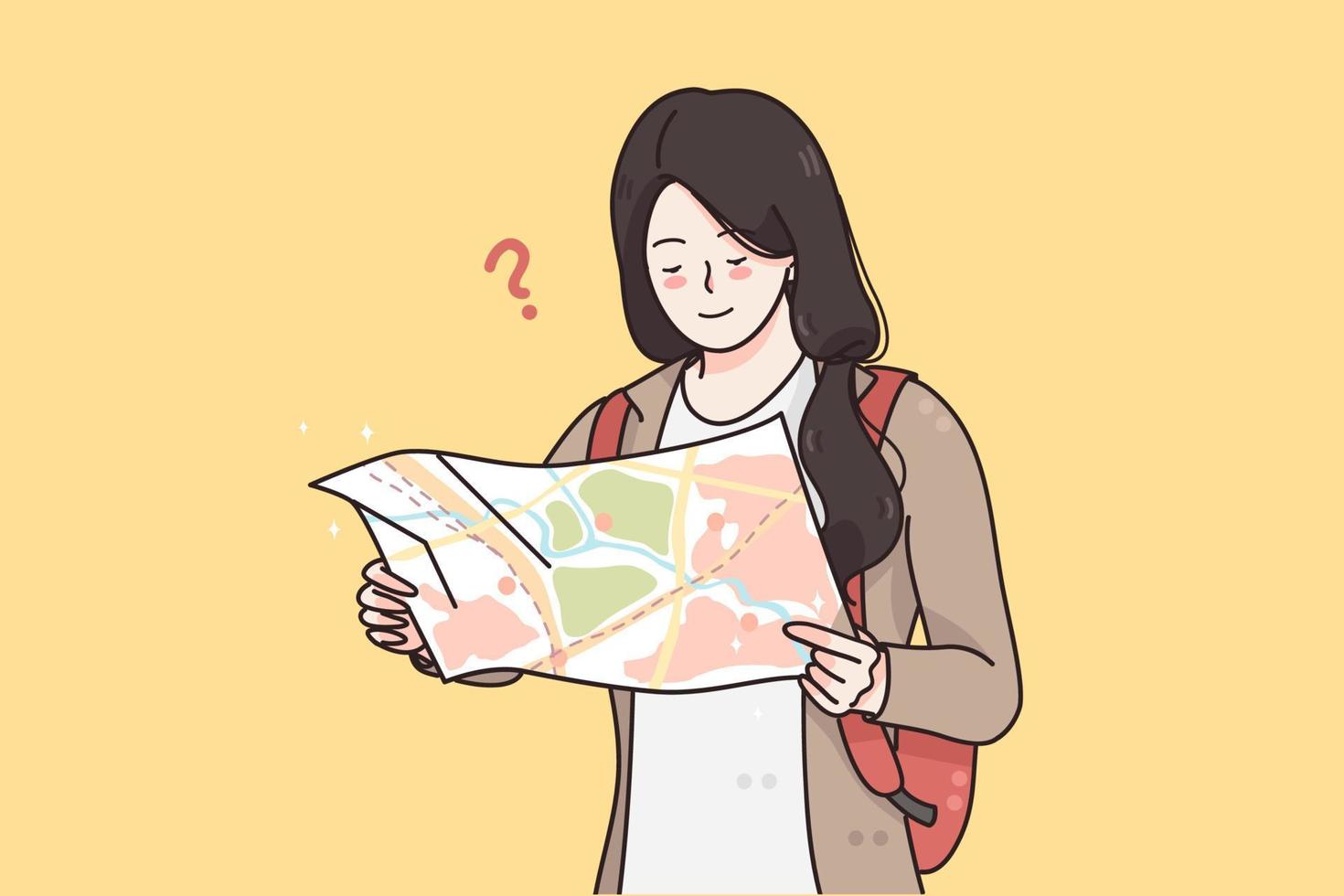 viajes, turismo, concepto de vacaciones. joven turista viajera sonriente de pie con un mapa y tratando de entender a dónde ir ilustración vectorial vector