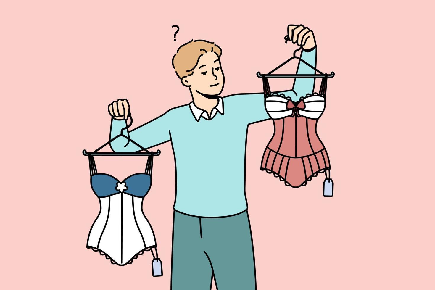 Confused young man choosing lingerie for girlfriend in shop. Frustrated male buying sexy underwear or body for woman. Vector illustration.