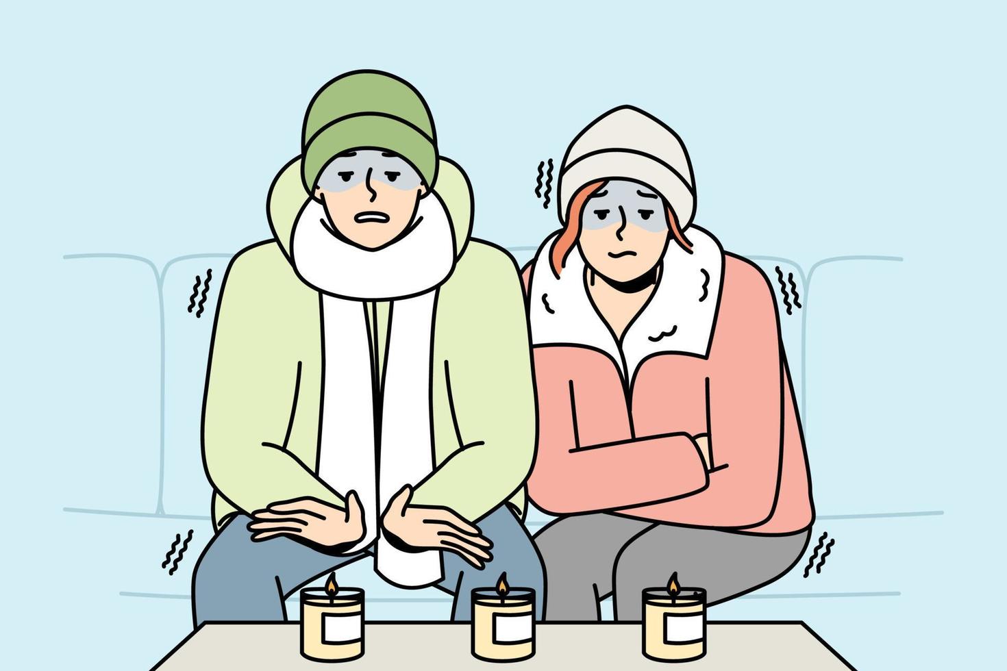 Man, woman in hats, puffer jackets are sitting, warming themselves near burning candles in unheated room. Boy, girl are cold at home in winter. People freeze. Vector contour line colored illustration.