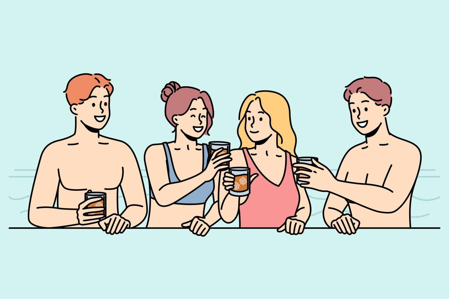 Girls, guys drink cocktails in pool in summer. Friends in swimsuits relaxing at resort. Tourists have fun with beverages in water. Students on vacation. Vector line art colorful isolated illustration.
