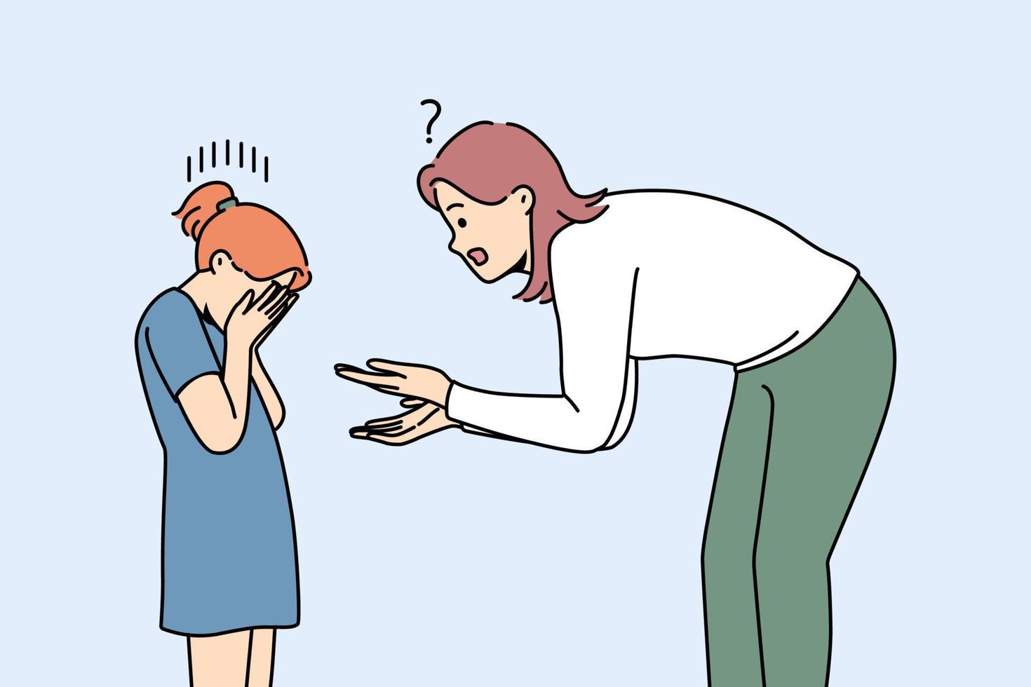 Young mother scolding unhappy crying small daughter. Confused mom talk with upset distressed girl child. Motherhood problem. Vector illustrations.